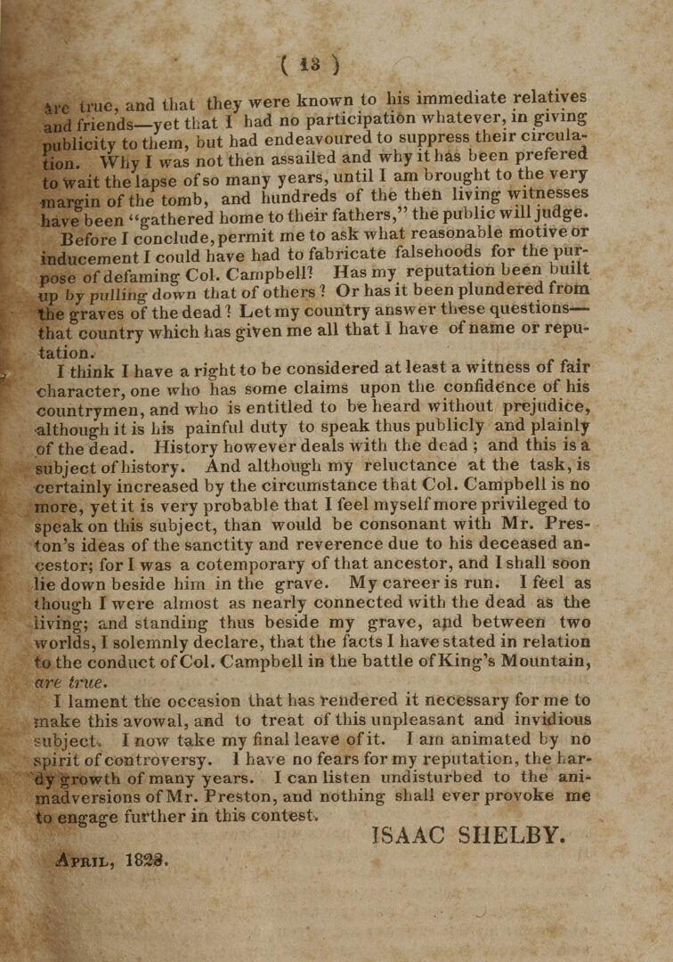 Lot 553: Battle of Kings Mountain Pamphlet by Isaac Shelby, April 1823, Signed