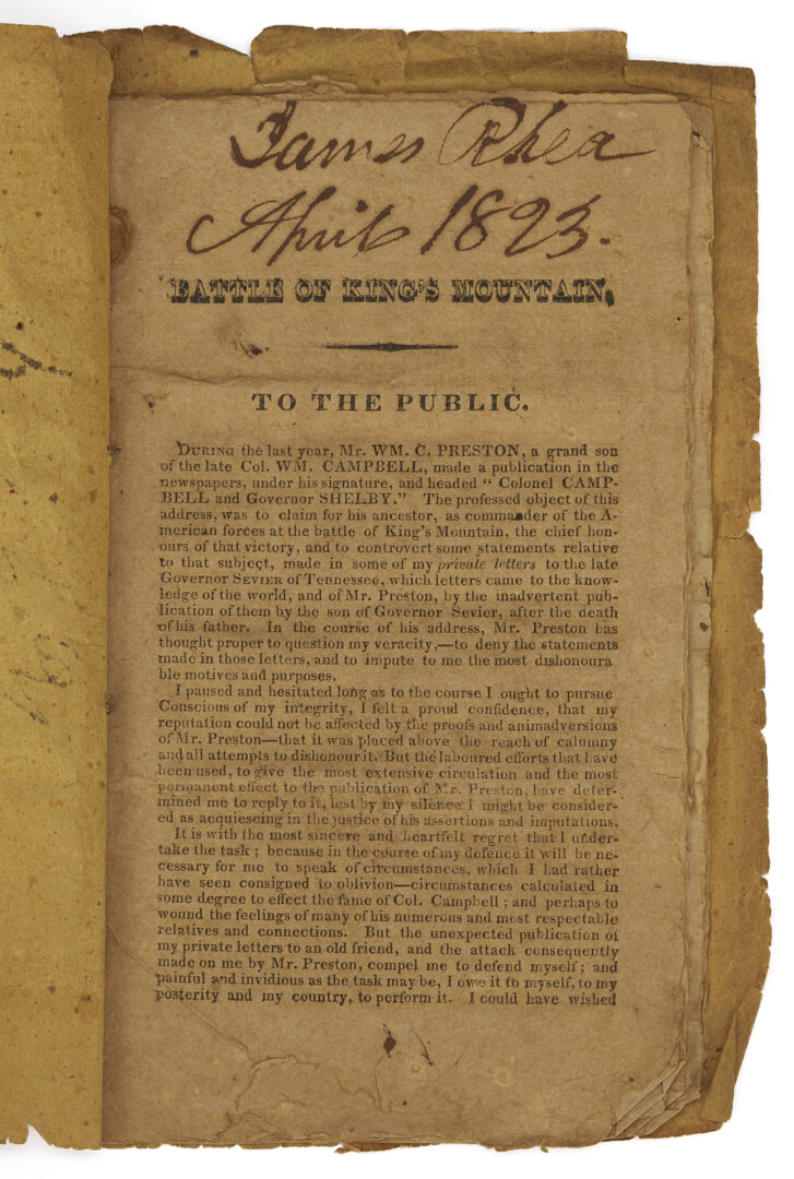 Lot 553: Battle of Kings Mountain Pamphlet by Isaac Shelby, April 1823, Signed