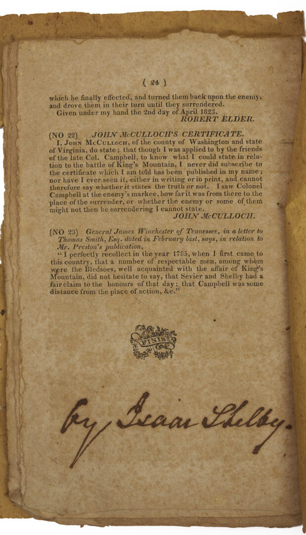 Lot 553: Battle of Kings Mountain Pamphlet by Isaac Shelby, April 1823, Signed