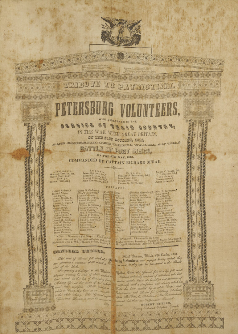 Lot 555: War of 1812 related Broadside, Petersburg Volunteers