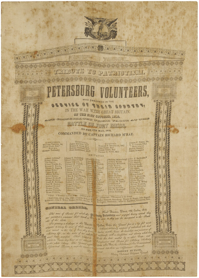Lot 555: War of 1812 related Broadside, Petersburg Volunteers