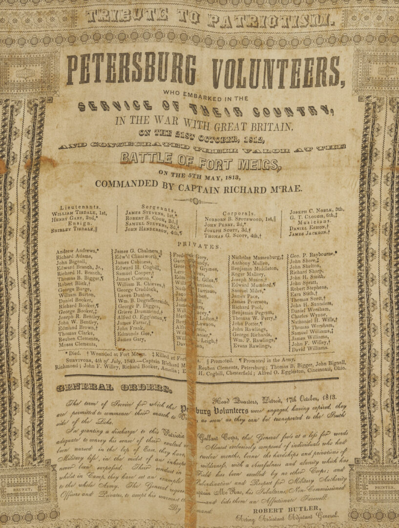 Lot 555: War of 1812 related Broadside, Petersburg Volunteers