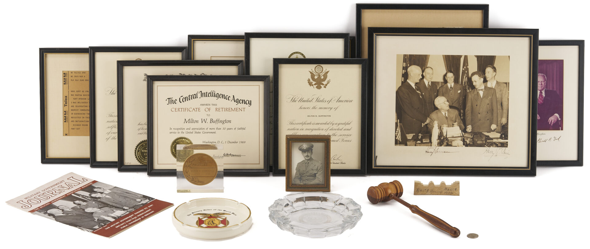Lot 558: Archive of Milton Buffington, ex-CIA, incl. White House Gavel, Truman & Ford Signed Items