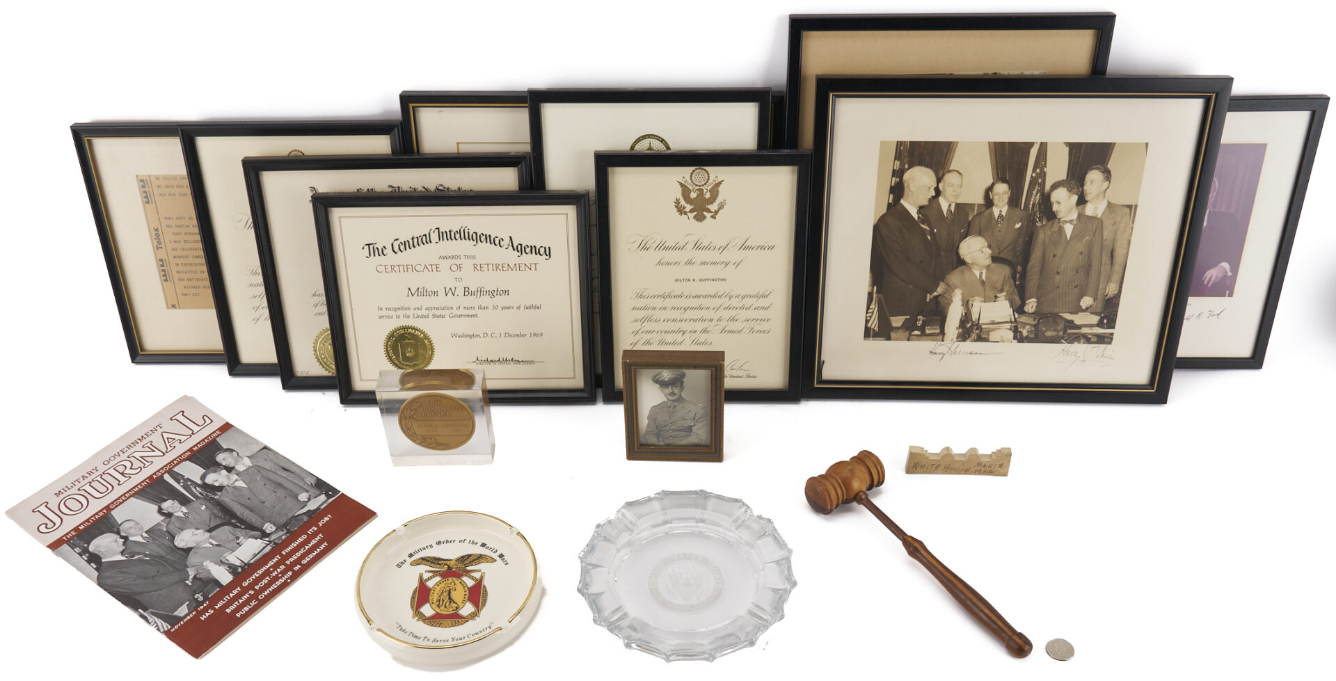 Lot 558: Archive of Milton Buffington, ex-CIA, incl. White House Gavel, Truman & Ford Signed Items
