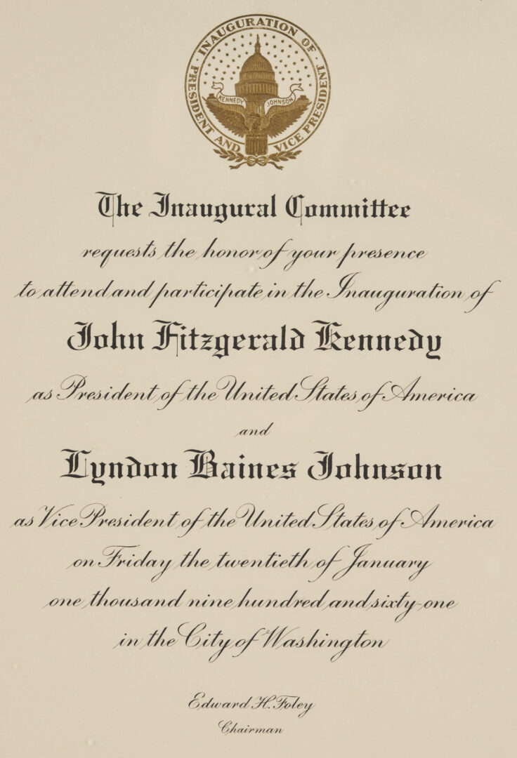 Lot 562: JFK Ephemera Archive: Campaign Posters, Inauguration Items