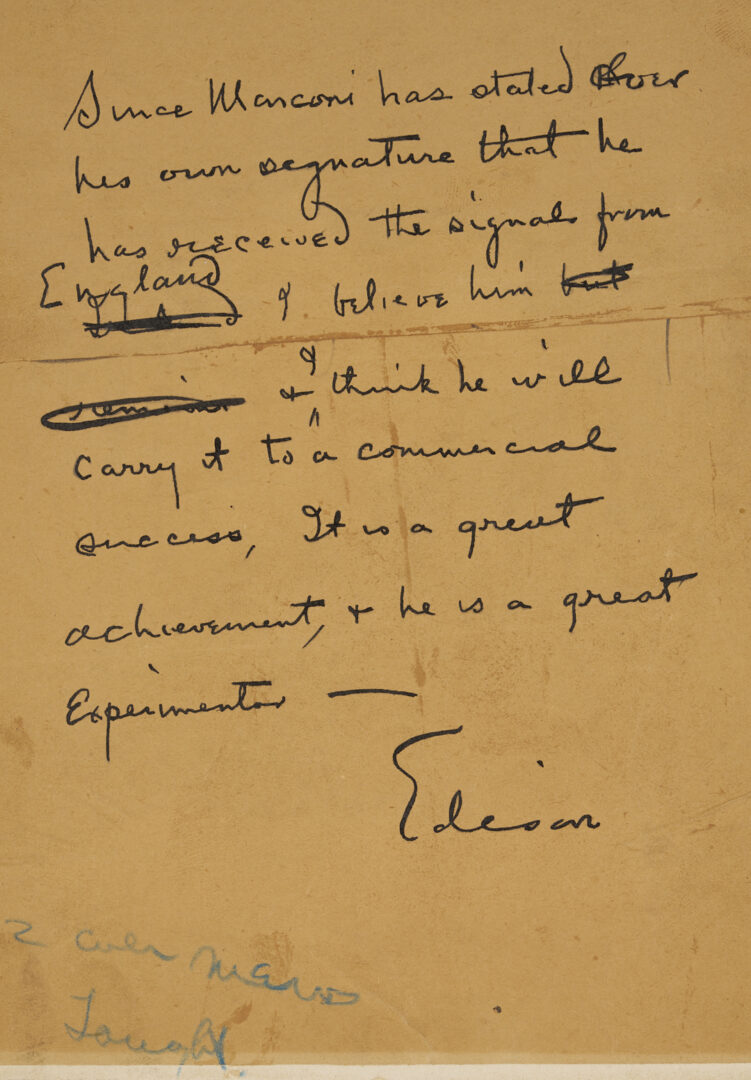 Lot 566: Thomas Alva Edison ALS Referencing Marconi