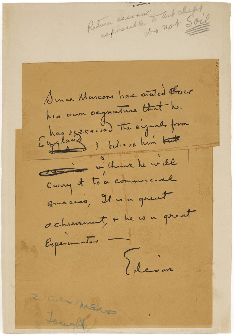 Lot 566: Thomas Alva Edison ALS Referencing Marconi