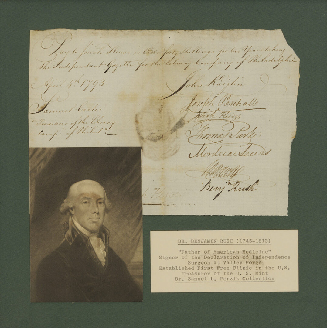Lot 567: Benjamin Rush & 7 Others, signed Library Co. of Philadelphia Document