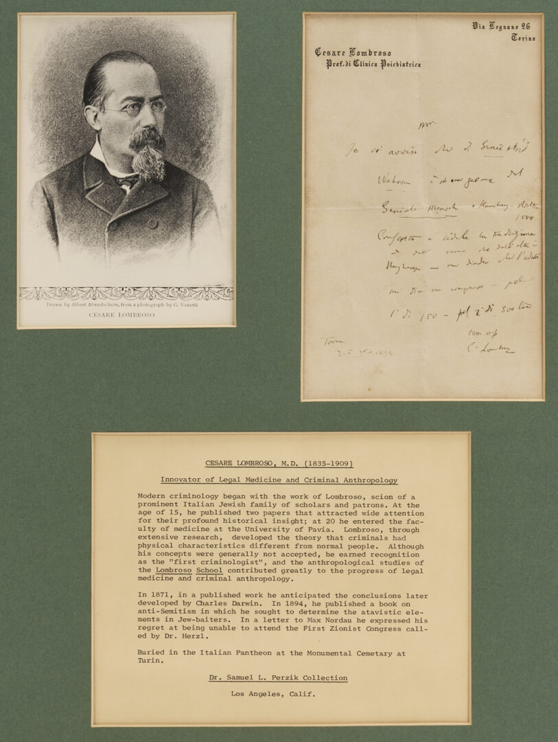 Lot 571: 3 Autographs –  Drs. Lombroso, Priessnitz, and Zamenhof