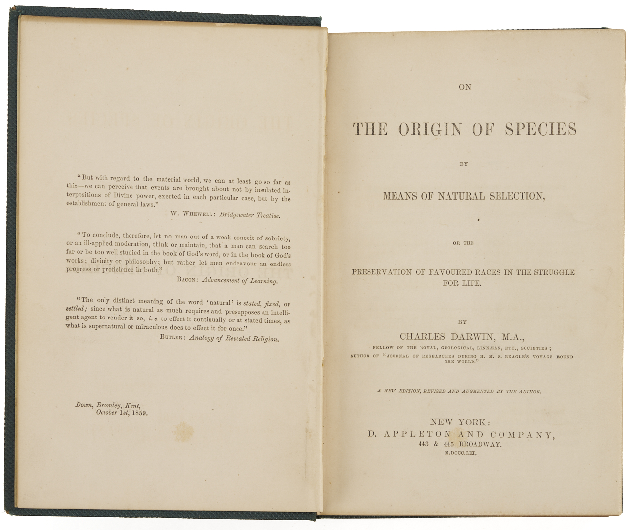 Lot 573: Charles Darwin, Origin of Species, 1st US Edition; Early Printing