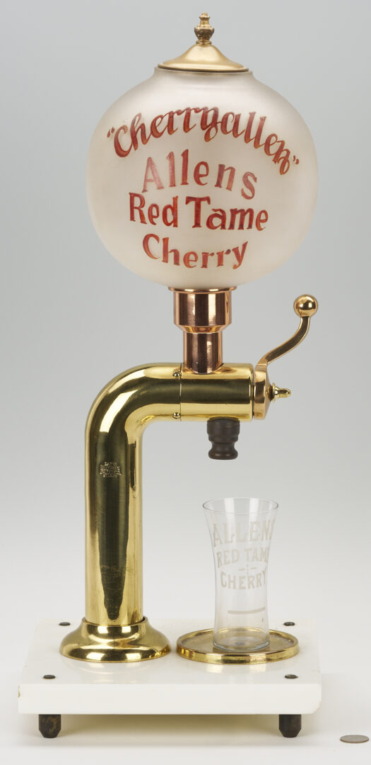 Lot 581: Allens Red Tame Cherry Syrup Soda Fountain Dispenser and Glass