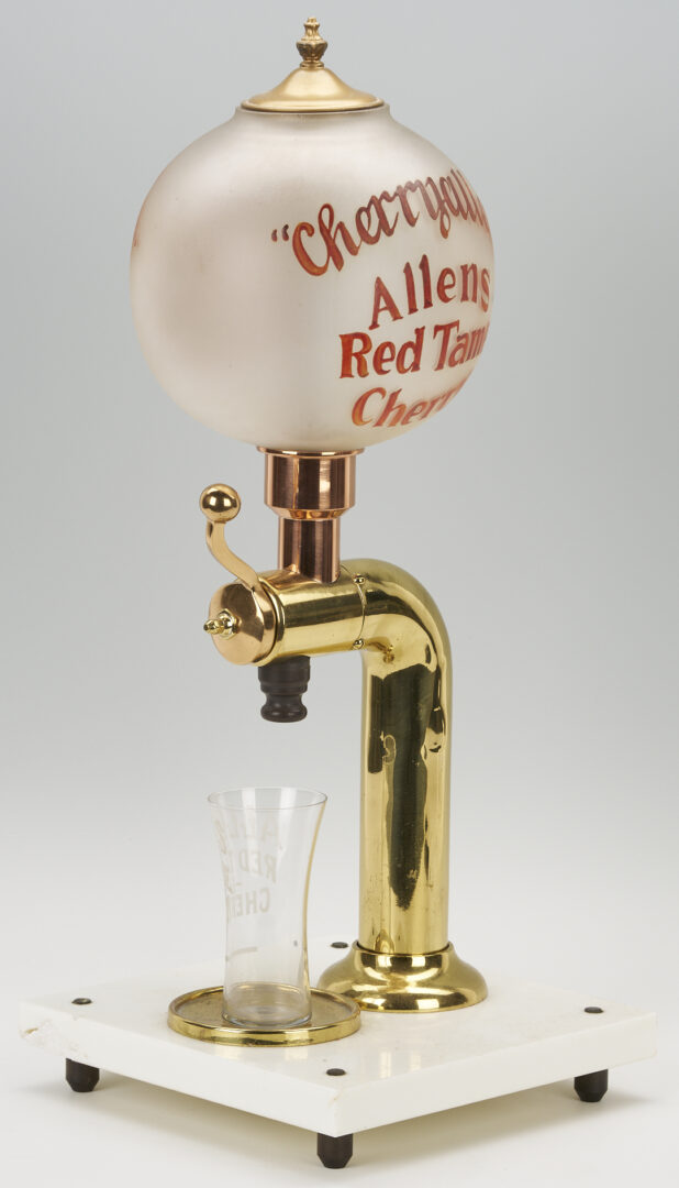 Lot 581: Allens Red Tame Cherry Syrup Soda Fountain Dispenser and Glass