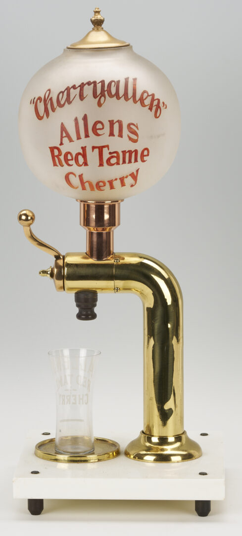 Lot 581: Allens Red Tame Cherry Syrup Soda Fountain Dispenser and Glass