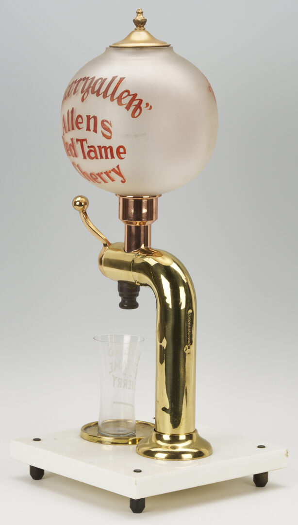 Lot 581: Allens Red Tame Cherry Syrup Soda Fountain Dispenser and Glass