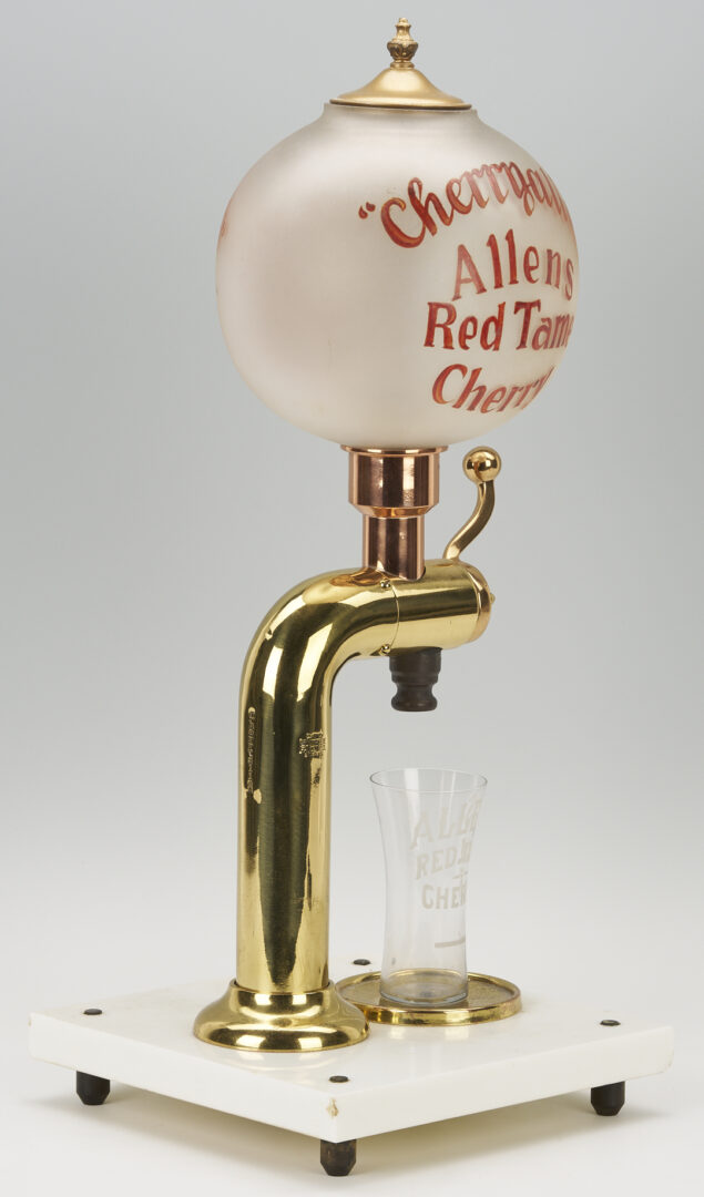 Lot 581: Allens Red Tame Cherry Syrup Soda Fountain Dispenser and Glass