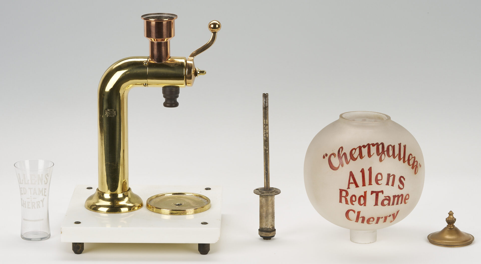 Lot 581: Allens Red Tame Cherry Syrup Soda Fountain Dispenser and Glass