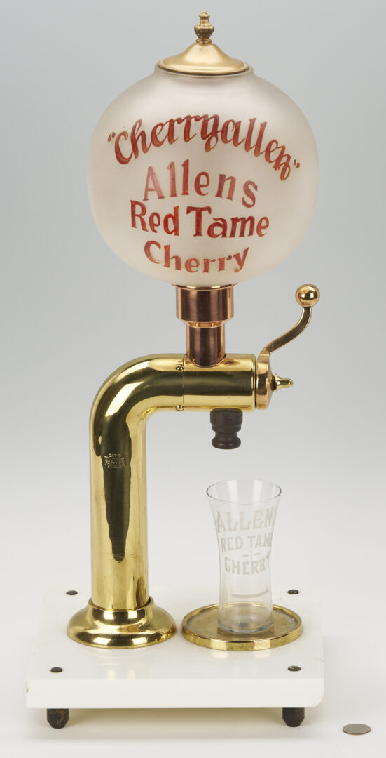 Lot 581: Allens Red Tame Cherry Syrup Soda Fountain Dispenser and Glass
