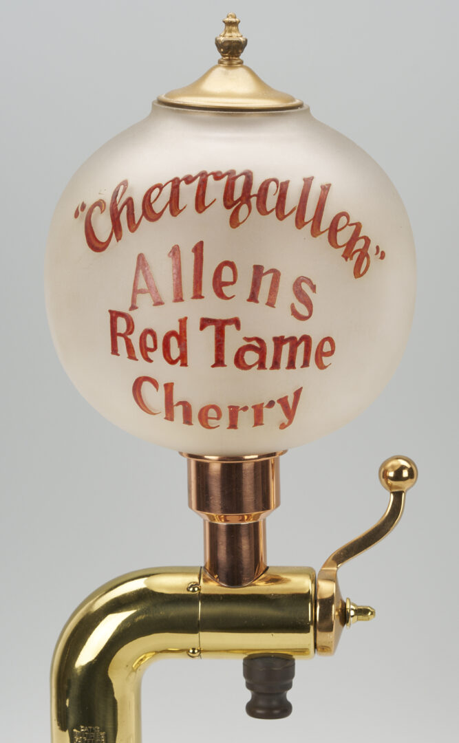 Lot 581: Allens Red Tame Cherry Syrup Soda Fountain Dispenser and Glass