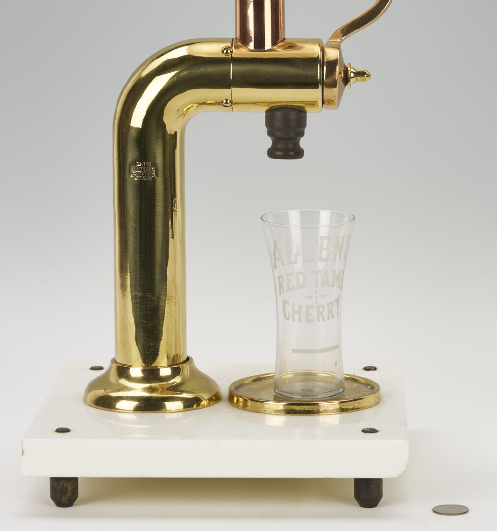 Lot 581: Allens Red Tame Cherry Syrup Soda Fountain Dispenser and Glass
