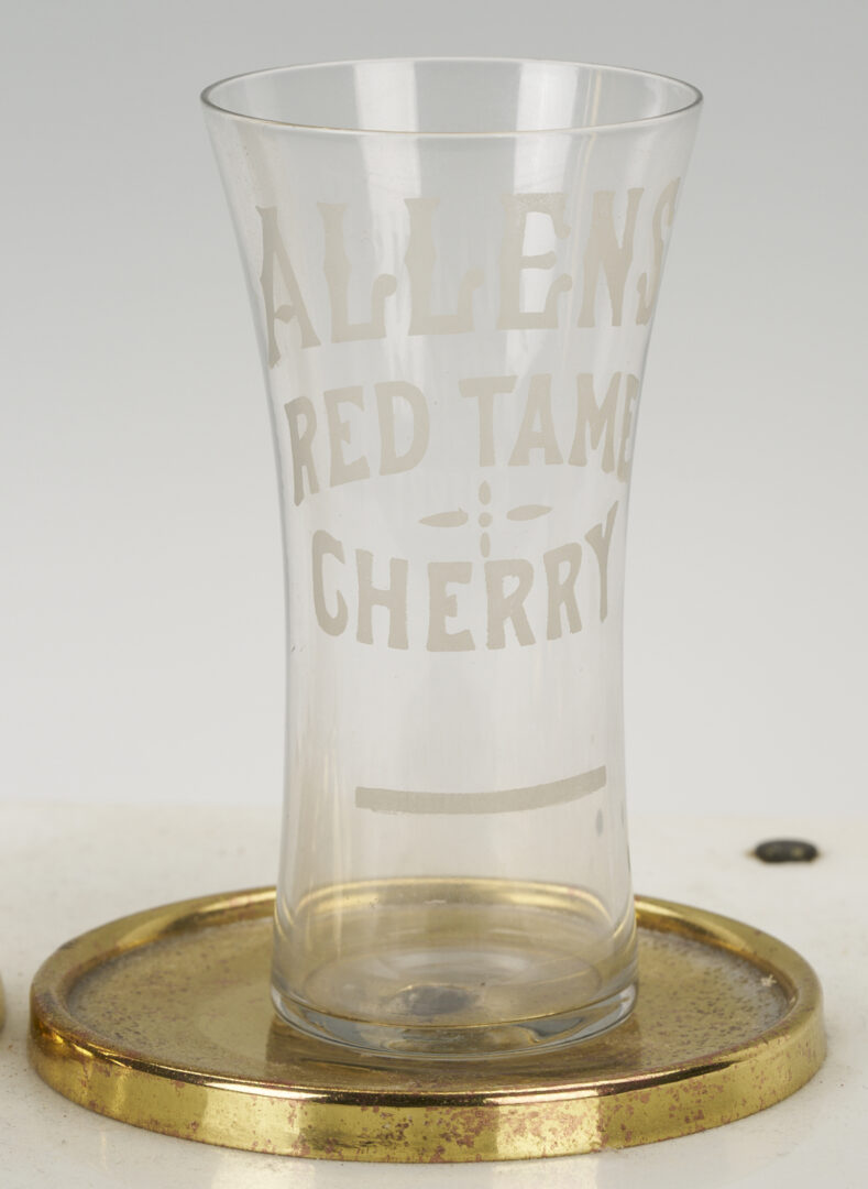 Lot 581: Allens Red Tame Cherry Syrup Soda Fountain Dispenser and Glass