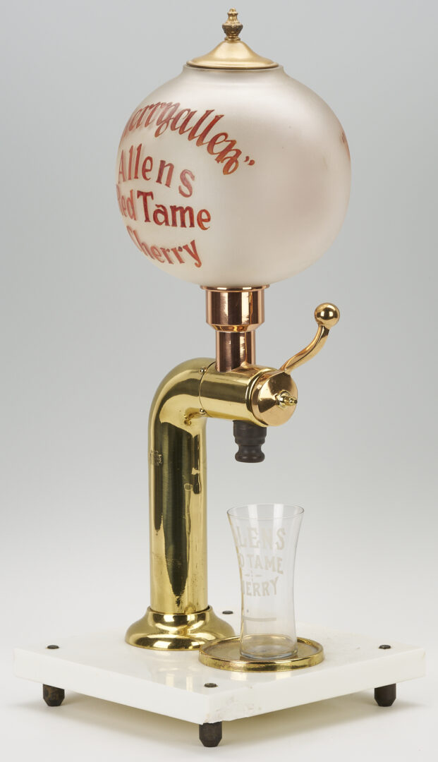 Lot 581: Allens Red Tame Cherry Syrup Soda Fountain Dispenser and Glass