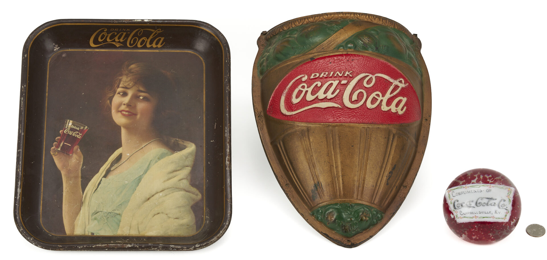 Lot 582: 3 Coca Cola Promotional Items: Paperweight, Tray & Wall Pocket