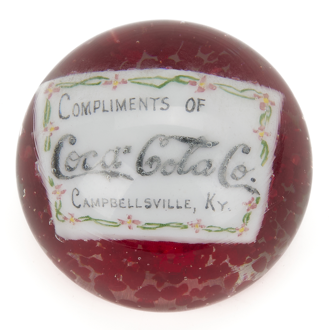 Lot 582: 3 Coca Cola Promotional Items: Paperweight, Tray & Wall Pocket