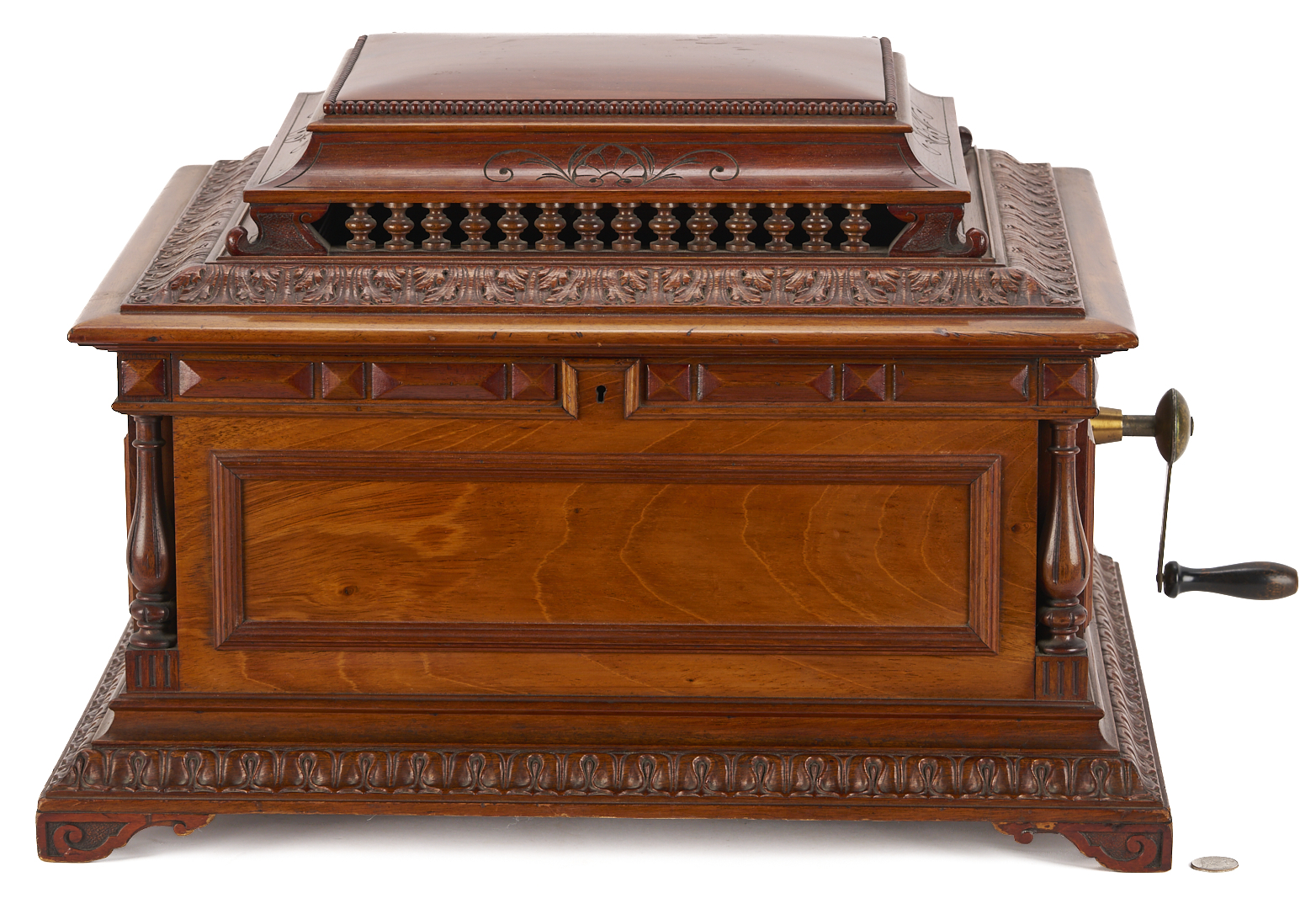 Lot 590: Regina Music Box Style 10, Pagoda Top, plus 26 discs and book
