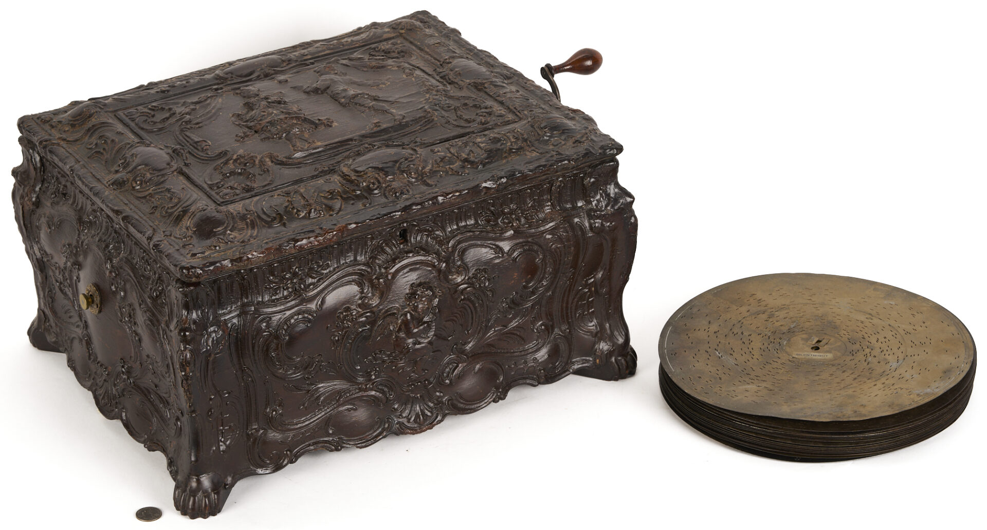 Lot 591: Symphonion Rococo Music Box plus 15 Discs