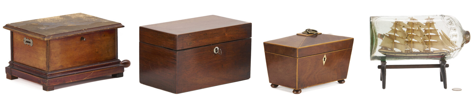 Lot 592: Ship in Bottle, Music Box, & 2 Tea Caddies