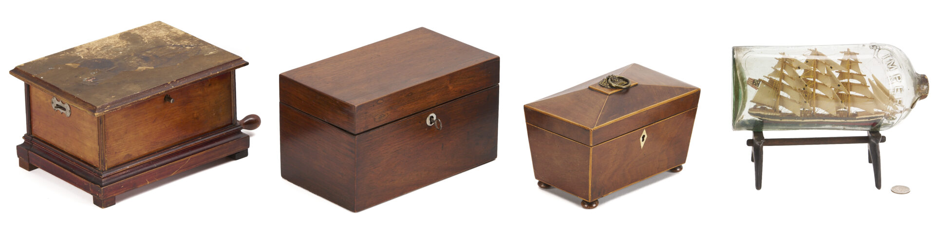 Lot 592: Ship in Bottle, Music Box, & 2 Tea Caddies
