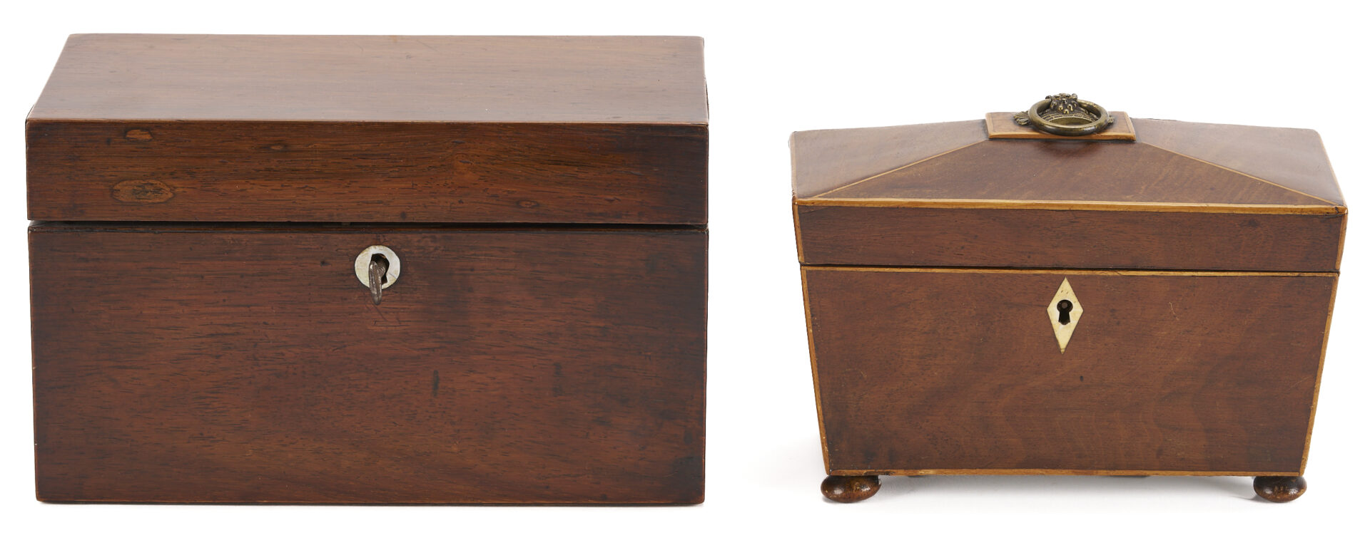 Lot 592: Ship in Bottle, Music Box, & 2 Tea Caddies
