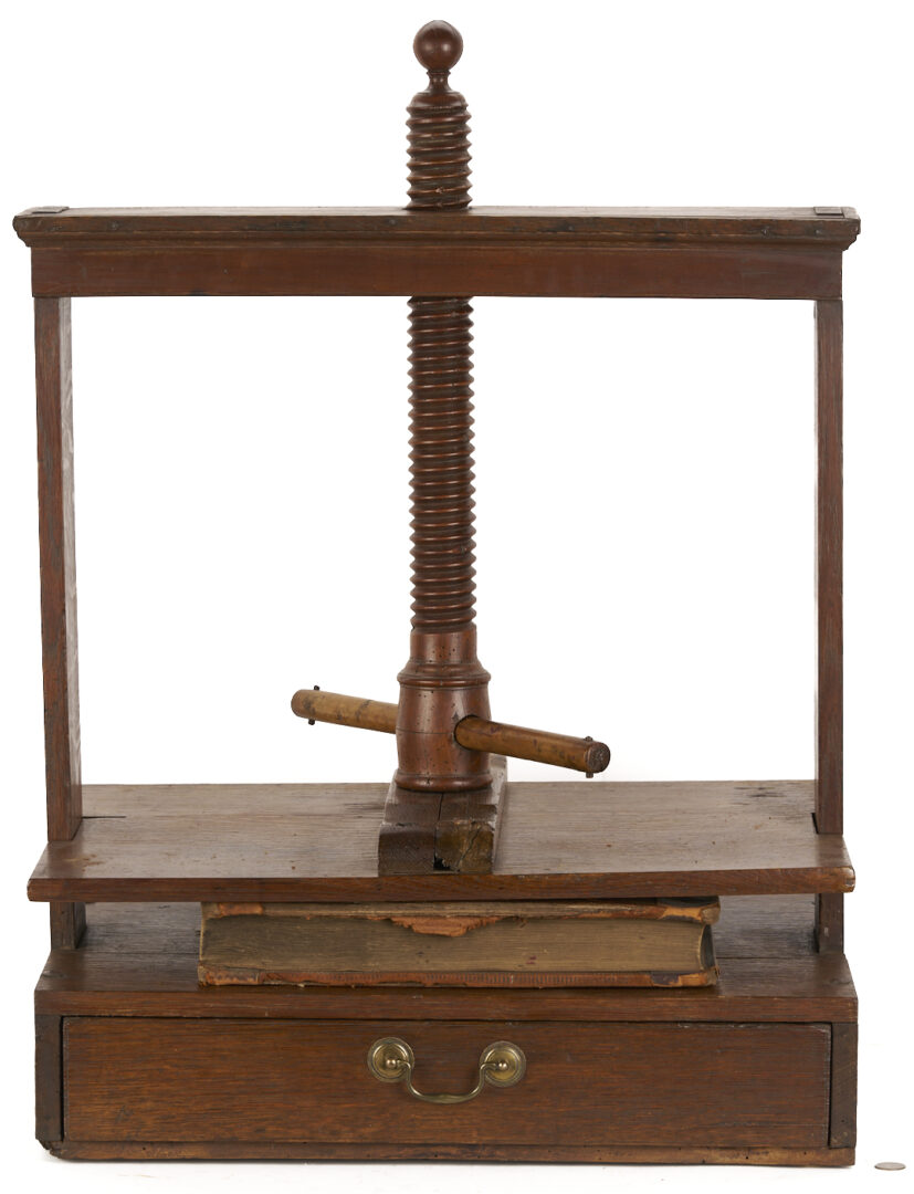 Lot 593: Large Mahogany Book Press w/ Leatherbound Pharmacist’s Ledger