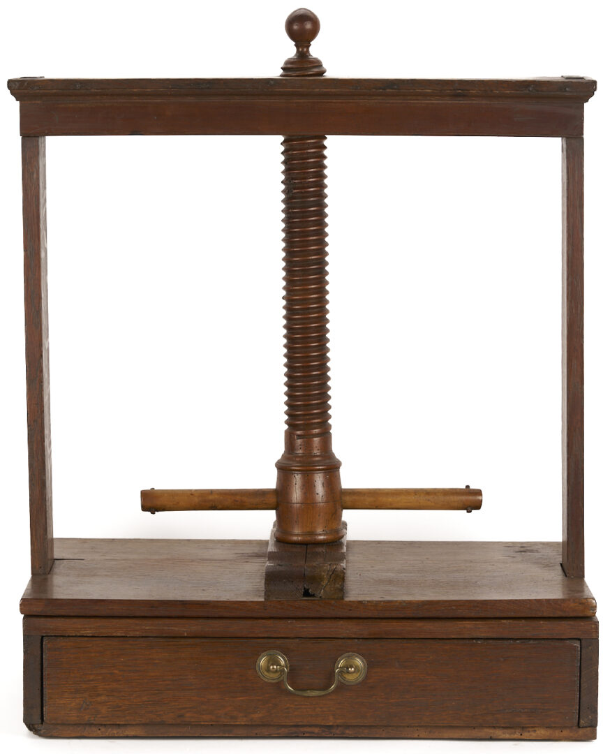 Lot 593: Large Mahogany Book Press w/ Leatherbound Pharmacist’s Ledger