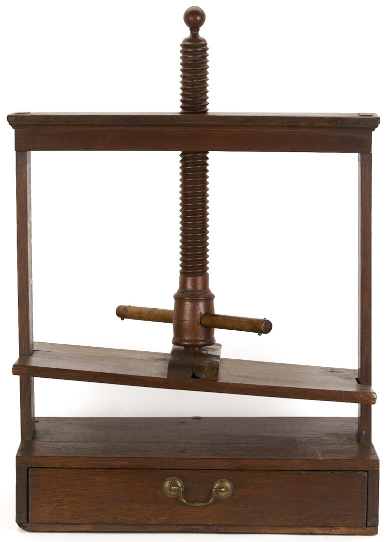 Lot 593: Large Mahogany Book Press w/ Leatherbound Pharmacist’s Ledger