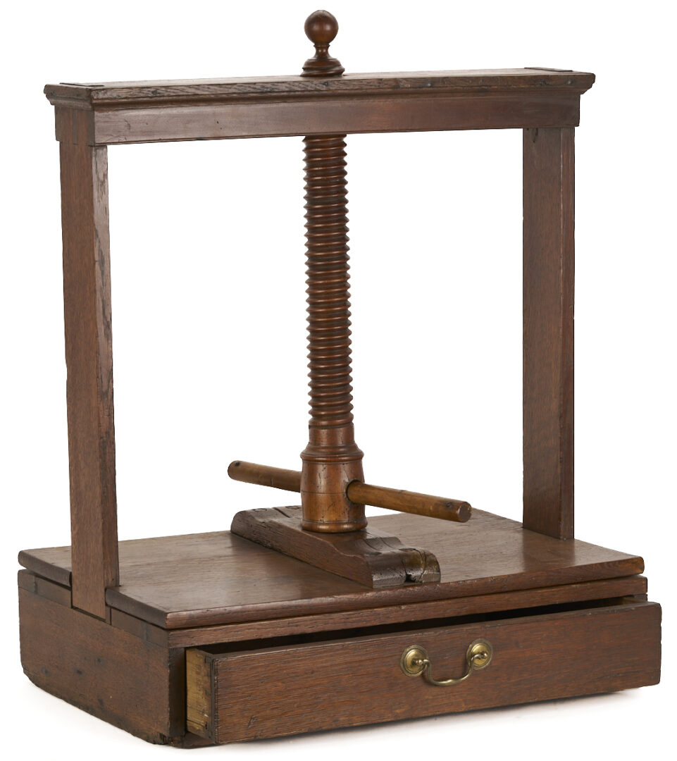 Lot 593: Large Mahogany Book Press w/ Leatherbound Pharmacist’s Ledger