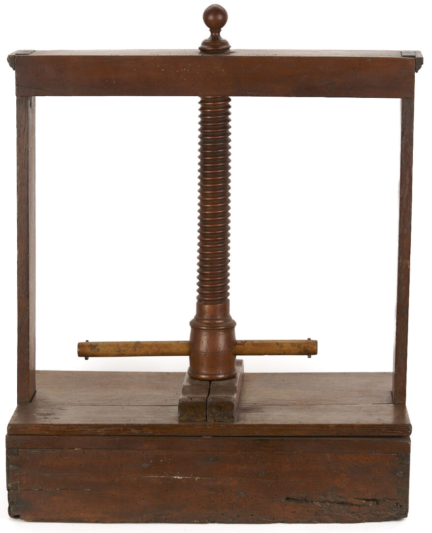 Lot 593: Large Mahogany Book Press w/ Leatherbound Pharmacist’s Ledger