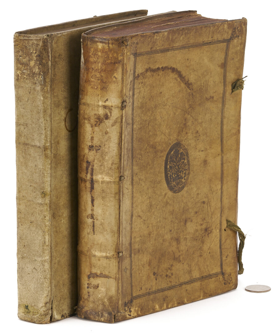 Lot 594: Two Antique Vellum Bound Books; 1708 Biblioteque; plus 1598 Justus Lipsius