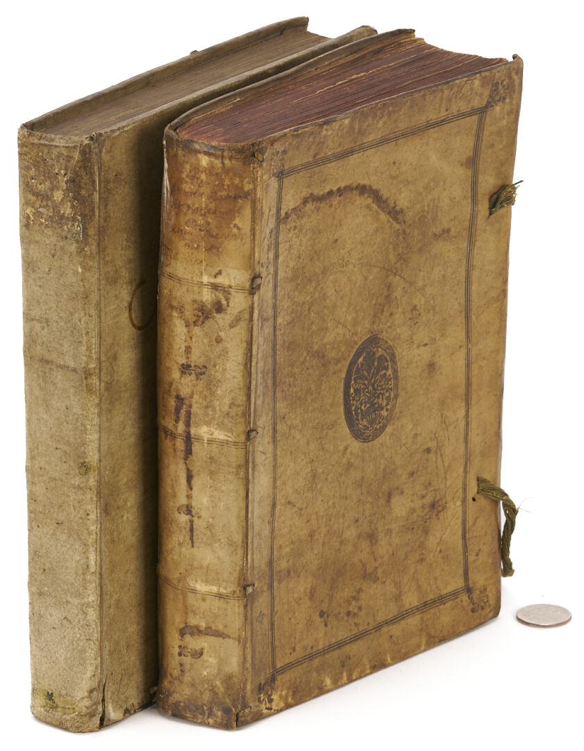 Lot 594: Two Antique Vellum Bound Books; 1708 Biblioteque; plus 1598 Justus Lipsius