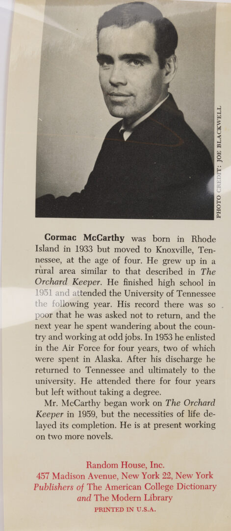 Lot 595: Cormac McCarthy, The Orchard Keeper, Signed 1st Edition