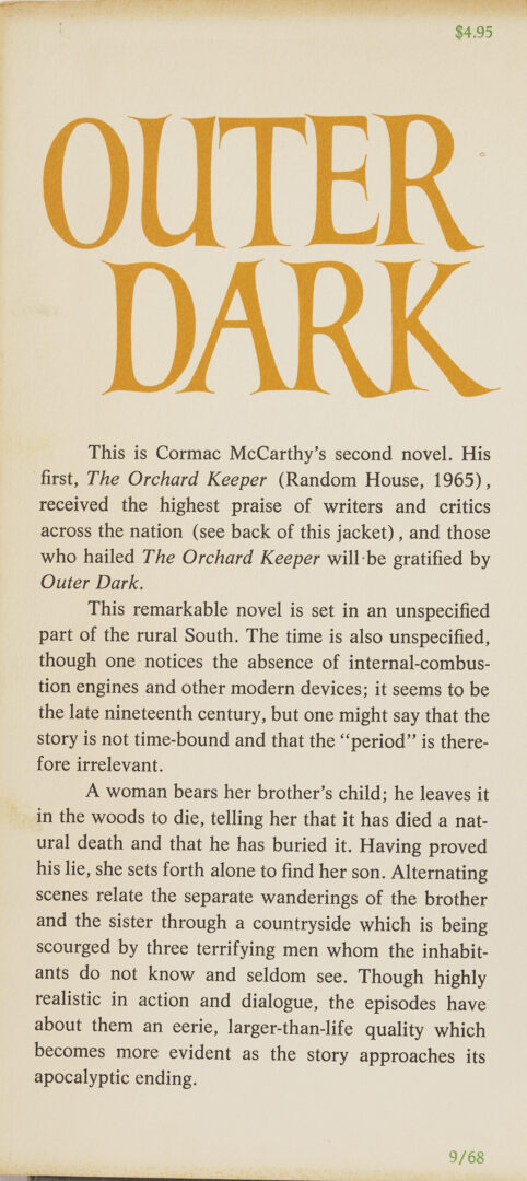 Lot 596: Cormac McCarthy, Outer Dark, 1st Edition, Signed