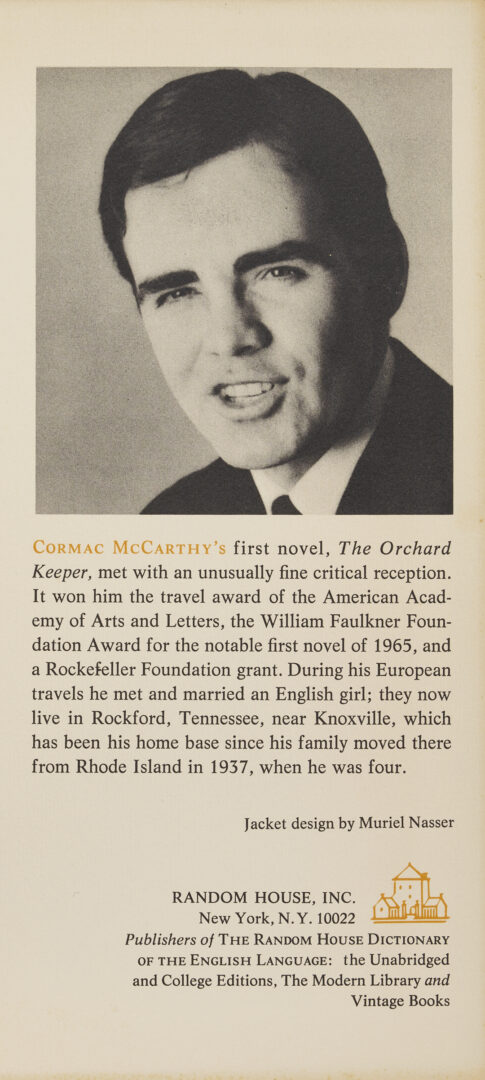 Lot 596: Cormac McCarthy, Outer Dark, 1st Edition, Signed