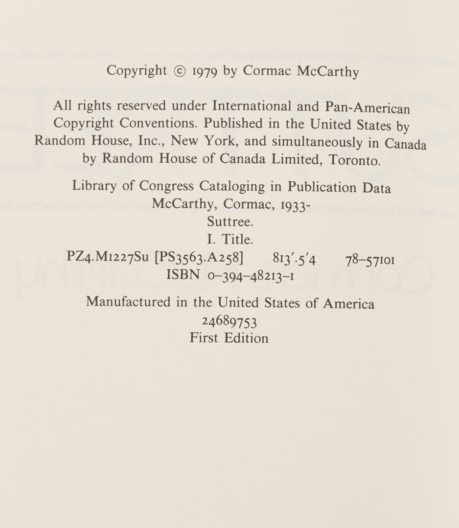 Lot 597: Cormac McCarthy, Sutree, 1st Edition / 1st Printing