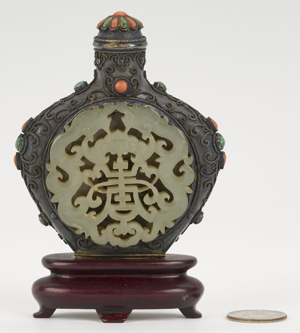 Lot 5: Asian Inlaid Silver Snuff Bottle w/ Jade Discs