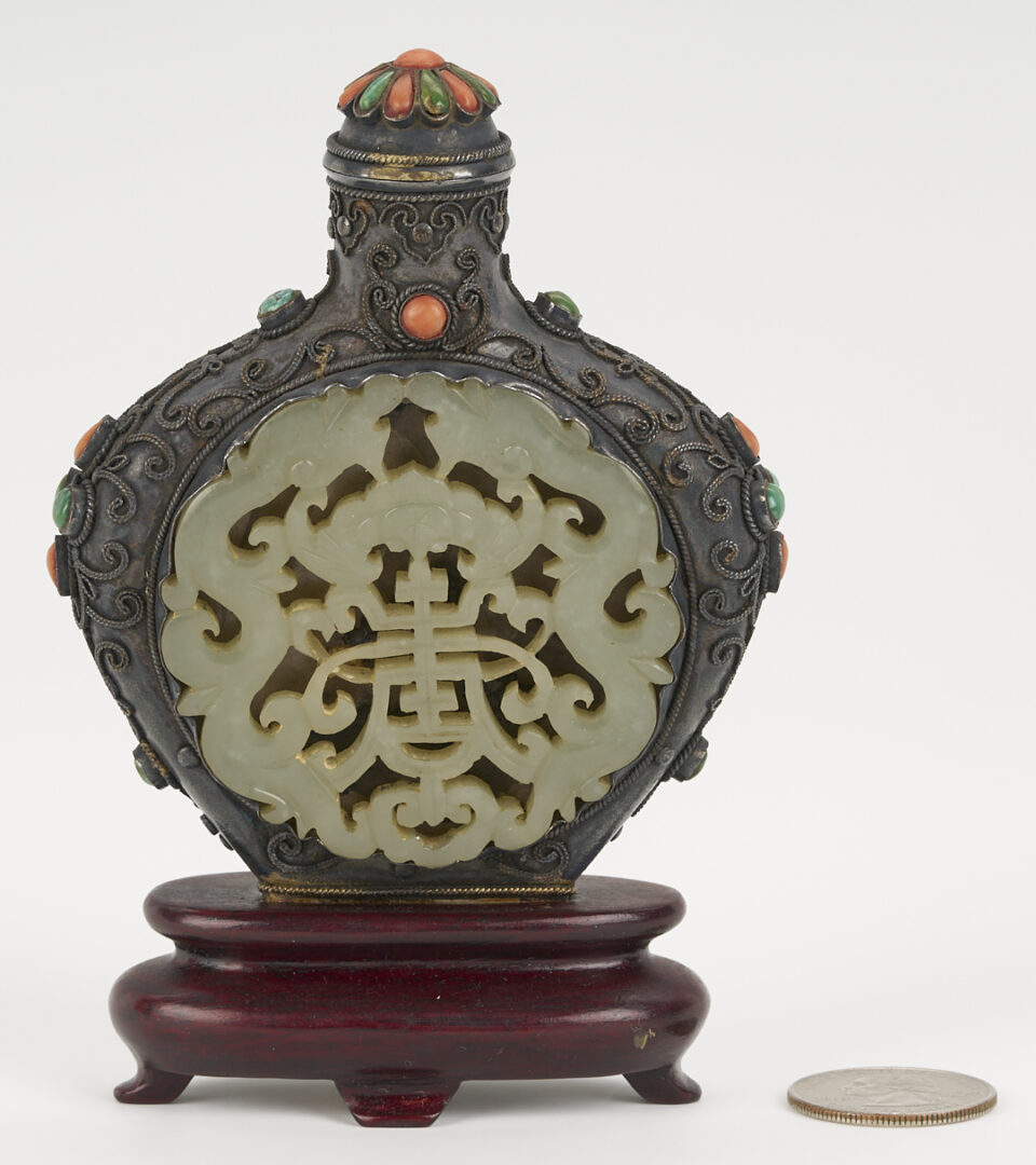 Lot 5: Asian Inlaid Silver Snuff Bottle w/ Jade Discs