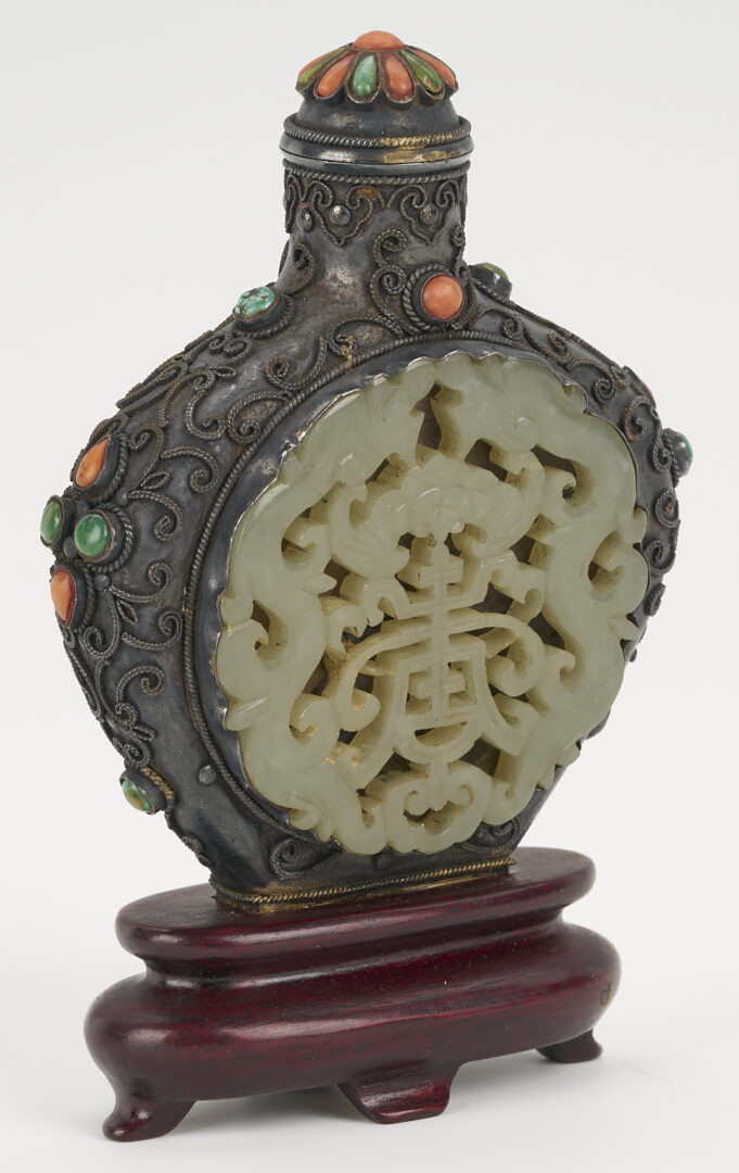 Lot 5: Asian Inlaid Silver Snuff Bottle w/ Jade Discs