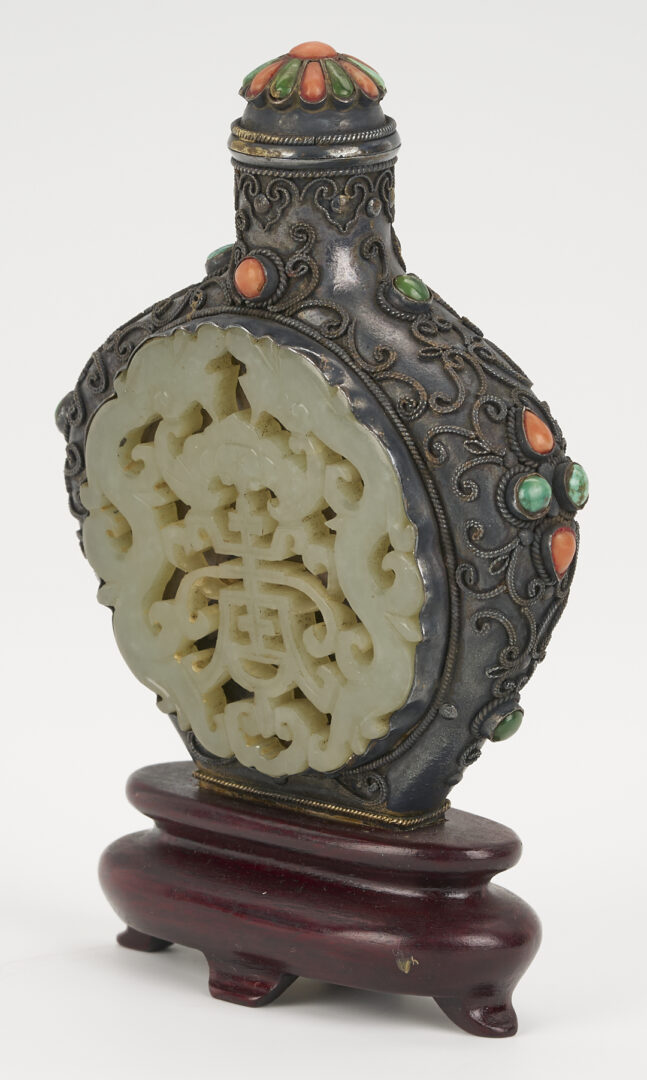 Lot 5: Asian Inlaid Silver Snuff Bottle w/ Jade Discs