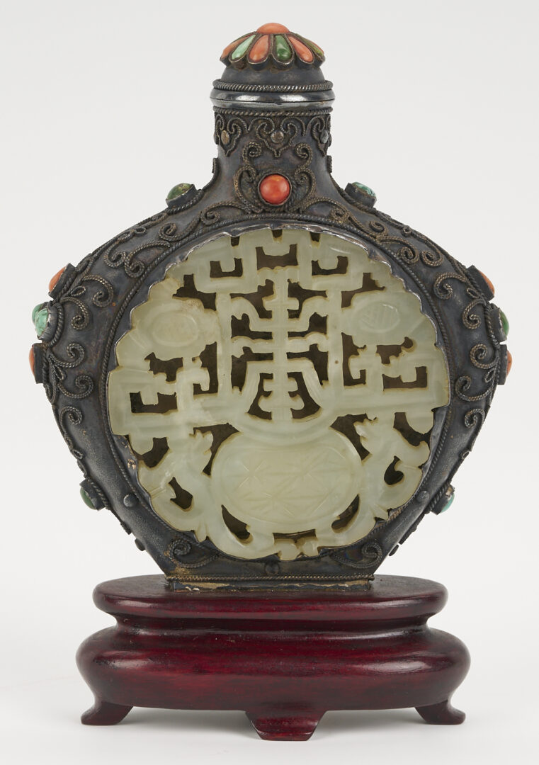 Lot 5: Asian Inlaid Silver Snuff Bottle w/ Jade Discs
