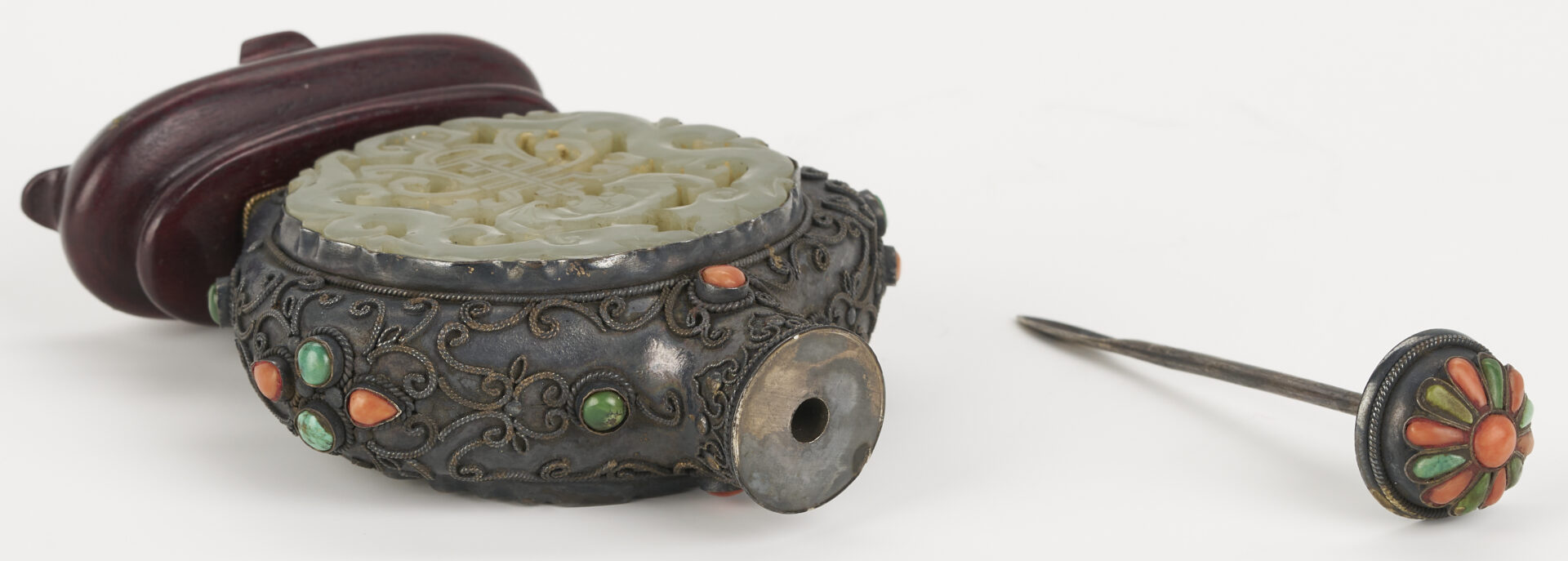 Lot 5: Asian Inlaid Silver Snuff Bottle w/ Jade Discs