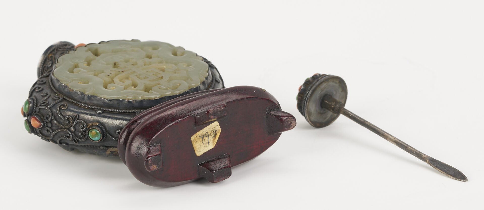Lot 5: Asian Inlaid Silver Snuff Bottle w/ Jade Discs